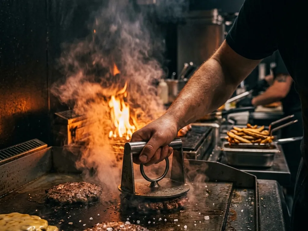 A chapa quente da Brasa Burger, onde o smash é prensado
